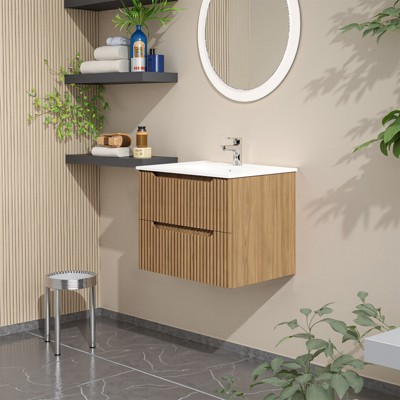 Lirago 24" Wall Mount Bathroom Vanity Cabinet Floating with Soft Close Drawers Walnut Grain Laminate Modern Storage for Bathroom Sink not included