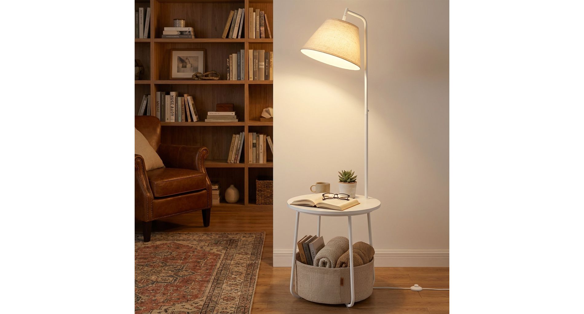 LEDREM Small Bedside Table with Fabric Basket, Rectangular Side Table, for Living Room, Bedroom, White