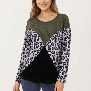 Anna-Kaci Women's Ribbed Knit Top with Leopard Print Contrast and V-Cut Design - 1 of 4