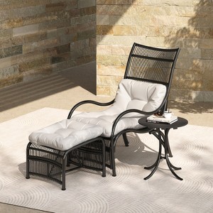 DOMETOUR 3-Piece Wicker Patio Furniture Set with Lounge Chair, Table, Cushions & Ottoman for Garden, Deck, Porch - Black & Beige - 1 of 4