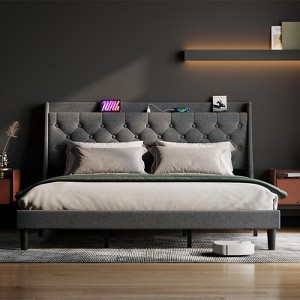 Coucheta King Upholstered Bed Frame - Dark Gray Linen Wingback Headboard, Charging Station, Button Tufted Design - 1 of 4