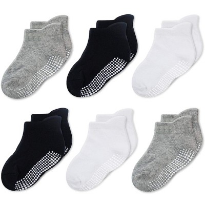 Cozyway Toddler Grip Socks, Soft, Stretchy, Breathable Infant Socks, 1T-3T, Black White Gray 6Pk, Gift-Ready Baby Grippy Socks