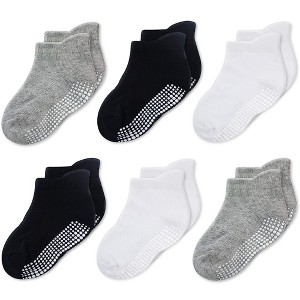 Cozyway Toddler Grip Socks, Soft, Stretchy, Breathable Infant Socks, 1T-3T, Black White Gray 6Pk, Gift-Ready Baby Grippy Socks - 1 of 4