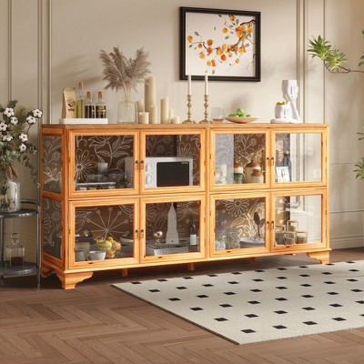 Famapy 78.7“W Buffet Kitchen Storage Cabinet with Glass Doors & Floral Wood Backing