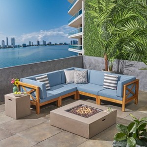 Christopher Knight Home Brava Outdoor Acacia Wood 5 Seater Sectional Sofa Set with Fire Pit - 1 of 4