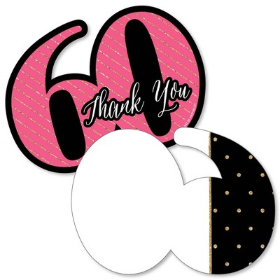 Big Dot of Happiness Chic 60th Birthday - Pink, Black & Gold - Shaped Thank You Cards - Birthday Party Thank You Note Cards with Envelopes - Set of 12