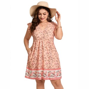 Plus Size V-Neck Flutter Sleeve Boho Print High Waist Dress with Pocket - 1 of 4