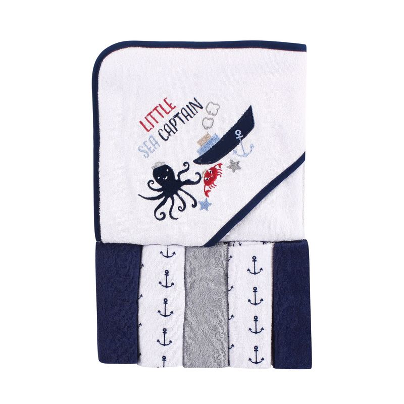 Luvable Friends Baby Boy Hooded Towel with Five Washcloths, Sea Captain, One Size, 1 of 3