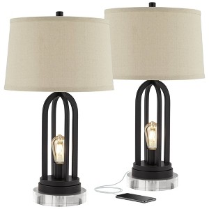360 Lighting Marcel Industrial Table Lamps Set of 2 with Round Risers 24 1/4" High Black LED Nightlight USB Port Natural Shade for Living Room Desk - 1 of 4
