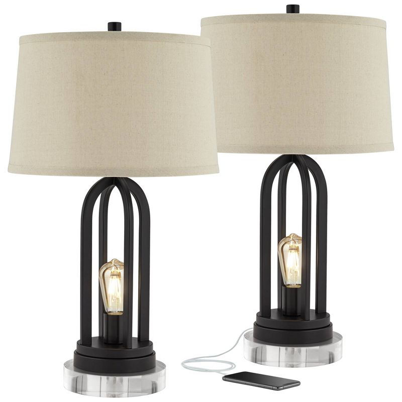 360 Lighting Marcel Industrial Table Lamps Set of 2 with Round Risers 24 1/4" High Black LED Nightlight USB Port Natural Shade for Living Room Desk, 1 of 9