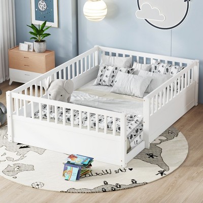 NicBex Twin/Full Kids Floor Toddler Bed Frame with Fence,Modern Toddler Platform Bed for Bedroom,Playroom,Kids Room
