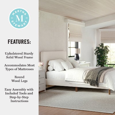 Beige Full Linen Upholstered Platform Bed with Walnut Legs