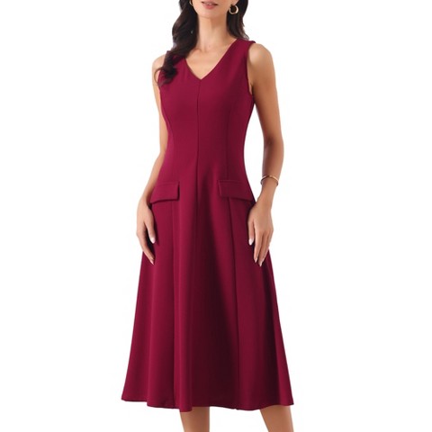 Женские платья INSPIRE CHIC Women's Business Office V Neck Sleeveless Faux Pockets A-Line Midi Dresses Small Deep Red