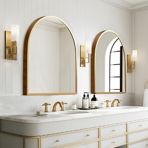 Golden Wall Mirror with Thin Edge, Aluminum Alloy, Right Angle Arch-shaped Design - 1 of 4