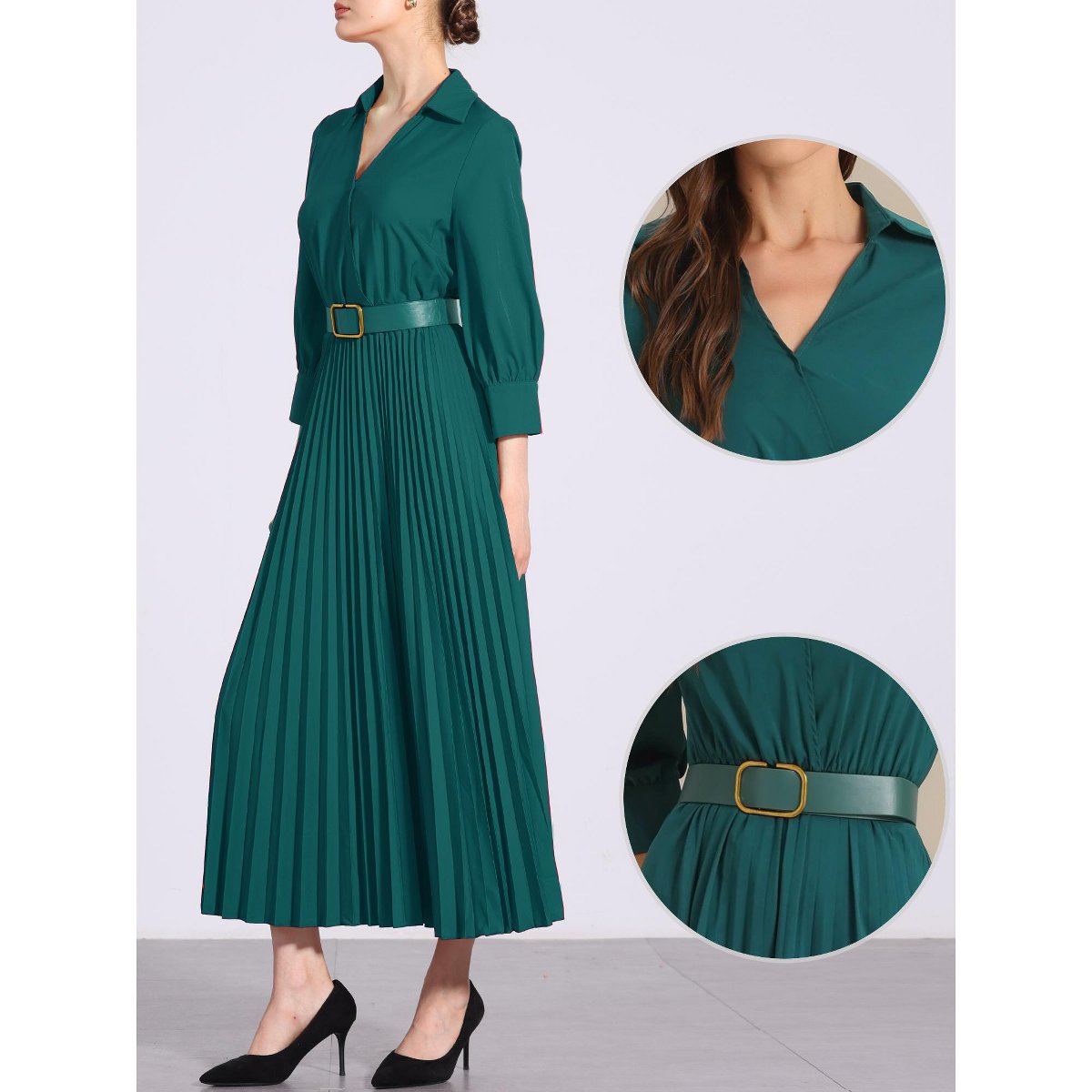 Женские платья INSPIRE CHIC Women's Casual Pleated Collar V Neck Belted Maxi Dresses Dark Green Small — фото 3