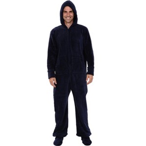 ADR Men's Plush Fleece One Piece Hooded Footed Zipper Pajamas Set, Soft Adult Jumpsuit PJs with Hood - 1 of 4