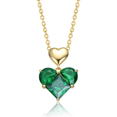 Guili Sterling Silver 14K Gold Plated Necklace with Green Cubic Zirconia Double Heart Pendant for a Romantic and Elegant Touch