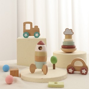Freniland - Wooden Stacking Rocket & Vehicles Toy Set, 4 Piece Developmental Gift Box for 10M+ Toddlers - 1 of 4