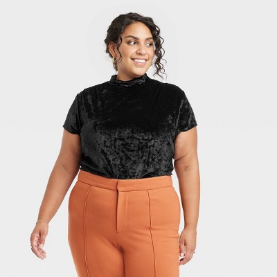 Women's Short Sleeve Slim Fit Mock Turtleneck Velvet T-Shirt - A New Day™