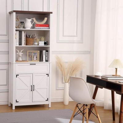 Garvee 6-Tire Farmhouse Bookshelf with Doors, Storage Cabinet Bookcase with Drawer and Adjustable Shelves, White
