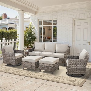 Belord 6 Piece Outdoor Patio Wicker Furniture Sets, High Back Outdoor Conversation Set Sectional Sofa with Wicker Swivel Rocker Patio Chairs Ottomans - 1 of 4