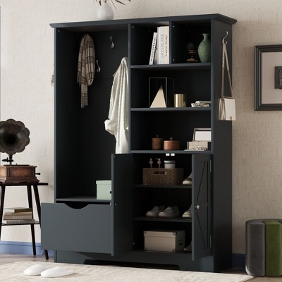 NicBex Hall Tree 47 In Entryway 4-in-1 Hall Tree with 7 Hooks, 4 Open Shelves, 1 Drawer and a Cabinet, Antique Blue