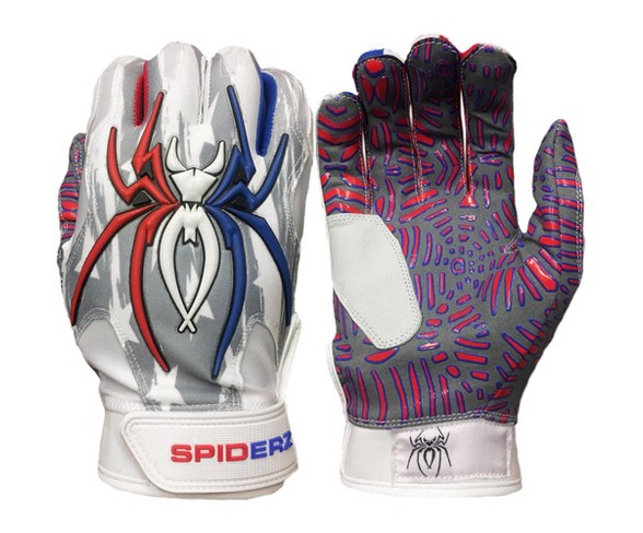 Spiderz Hybrid Tac Palm Adult Baseball/Softball Batting Gloves USA Platinum - White/Red/Blue - XL