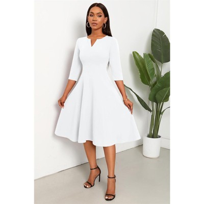 Clotth Women's Midi Dress - 3/4 Sleeve V Neck, A-Line Fit and Flare, Cocktail Wedding Guest Work Dress with Pockets