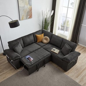 TiramisuBest 5 Seats Sectional Corduroy Sleeper Sofa with Pull Out Couch Bed, L Shape Modular Sofa with Storage Seat, USB & Cup Holders, Dark Grey - 1 of 4