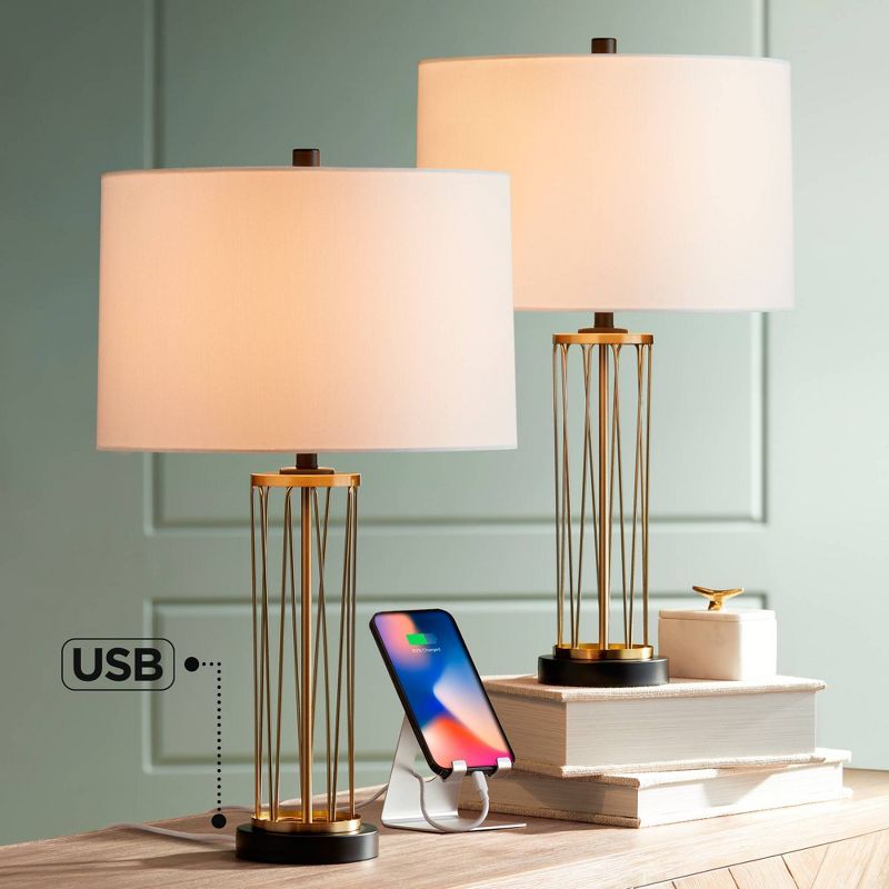360 Lighting Nathan Modern Table Lamps 25 1/2" High Set of 2 Gold Metal with USB Charging Ports Off White Drum Shade for Bedroom Living Room Home Desk, 2 of 10