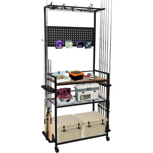 Fishing Rod Holders for Garage - 12-Rod Storage Rack with Hooks & Wheels | Mobile Tackle Box Cart + Pegboard for Winter Fishing - 1 of 4