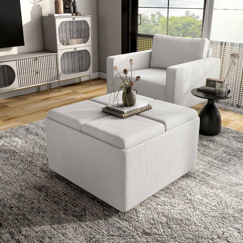 HOMES: Inside + Out 32&#34; Leafwarden Square Boucle Upholstered Mobile Storage Ottoman with Removable Trays White/Light Oak, 4 of 15