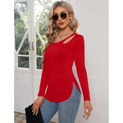 Clearlove Women’s Long Sleeve Cutout Asymmetrical Neck Tshirt Slim Fit Tunic Blouse with Side Split Slit Casual Solid Tops
