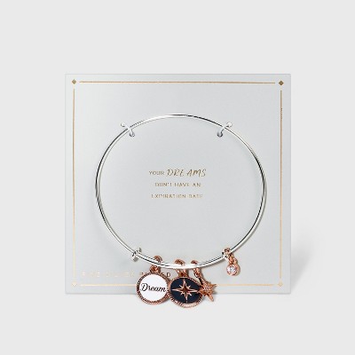 Starburst and "Dream" Cubic Zirconia White and Blue Enamel Bangle Bracelet - Silver