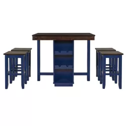 Farmhouse 5-pieces Counter Height Dining Sets Wood Table with 3-Tier Adjustable Storage Shelves, Wine Racks and 4 Stools Blue-ModernLuxe