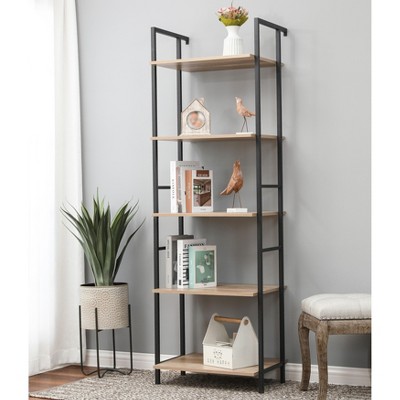 Light Oak and Black 5-Shelf Industrial Etagere Bookcase