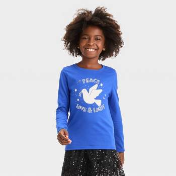 Girls' Long Sleeve 'Peace, Love, Light' Hanukkah Graphic T-Shirt - Cat & Jack™ Blue