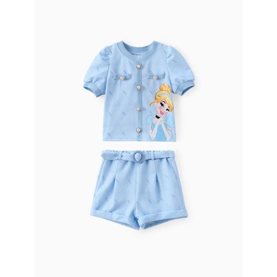 Disney Princess Toddler Girls 2pcs Tweed Plaid Character Print Puffy-sleeve Top with Detachable Belt Shorts Set