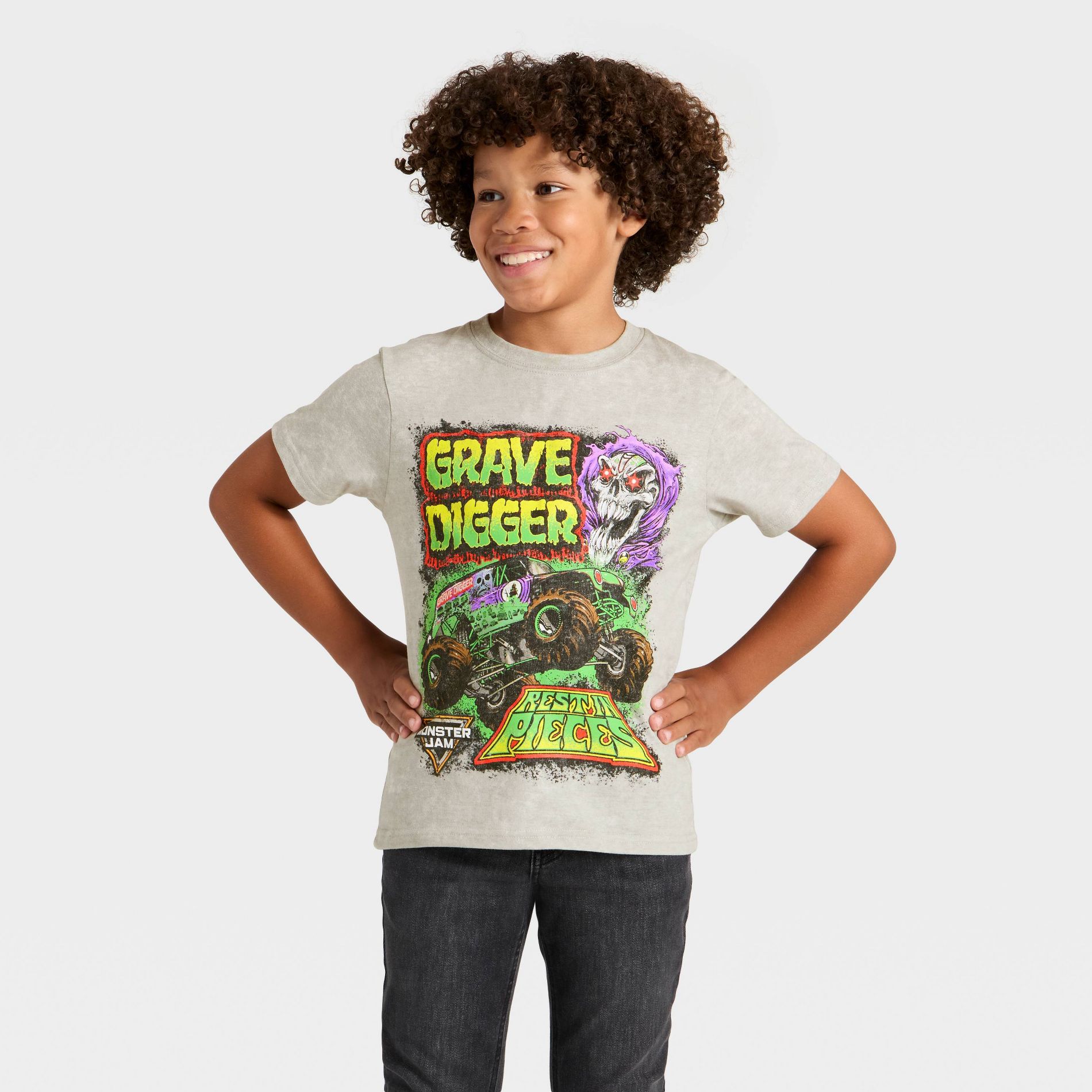 Boys' Monster Jam Grave Digger Short Sleeve Graphic T-Shirt - Gray XS