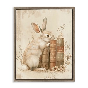 Stupell Industries Neutral Rabbit & Books Floating Frame Canvas Art - 1 of 4