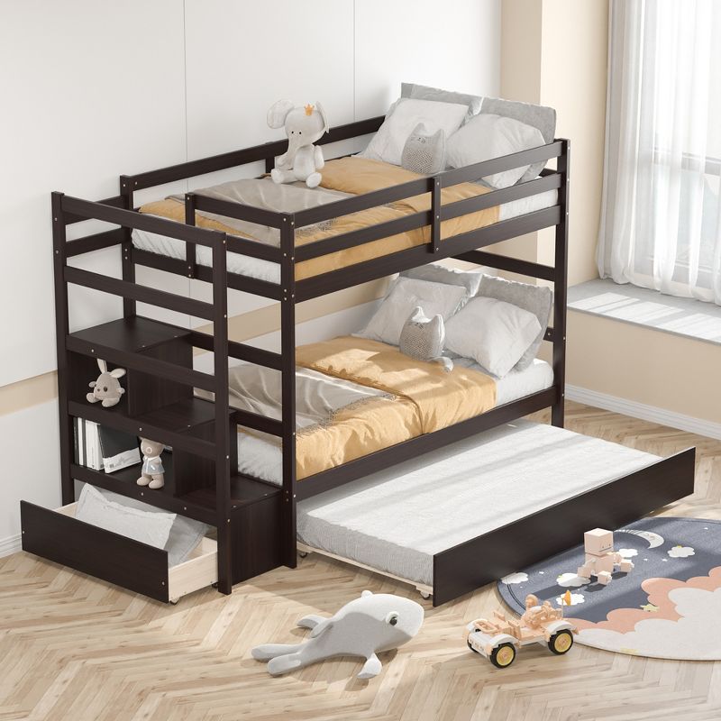 Costway Twin Over Twin Bunk Bed with Trundle Stairway and Storage Shelf Drawer White\Espresso\Grey, 1 of 10