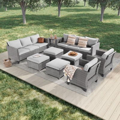 Sonkuki Outdoor 9-Piece Patio Conversation Set with Ottoman and Side Table, Navy Blue Cushion