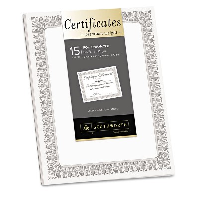 Southworth Premium Certificates White Fleur Silver Foil Border 66 lb 8.5 x 11 15/Pack CTP1W