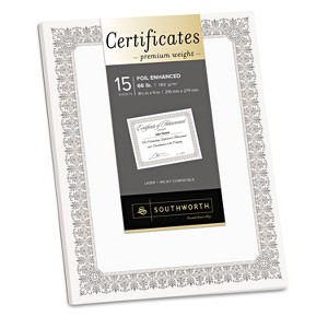 Southworth Premium Certificates White Fleur Silver Foil Border 66 lb 8.5 x 11 15/Pack CTP1W - 1 of 4