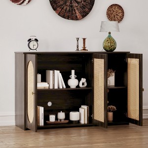 TIRAMISUBEST Retro 3-Door Sideboard with Large Storage Space Artificial Rattan Doors and Metal Handles - Brown Mobile File Cabinet - 1 of 4