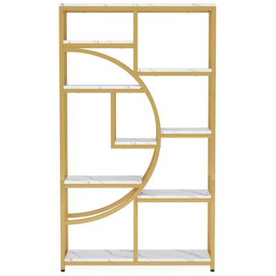 Lirago Freestanding Bookcase - 9-Tier Open Shelf Etagere with Metal Frame & Woodgrain Shelves Gold & White