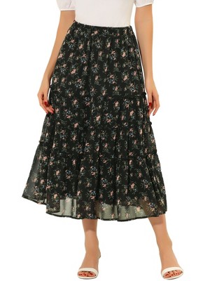 INSPIRE CHIC Women's Floral Elastic Waist Tiered Ruffle Boho Midi Skirts