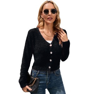Coolmee Women's Furry Cropped Cardigan Long Sleeves Open Front V-Neck Button Down Casual Knit Sweater Coat - 1 of 4