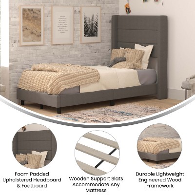Twin Wood Frame Bed with Tufted Linen Upholstered Headboard