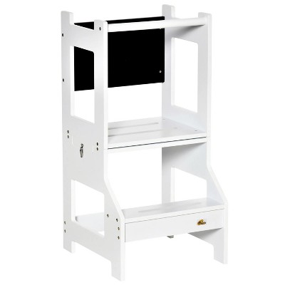 16.5'' White Kids Kitchen Step Stool, 2 in 1 Kitchen Table Set Toddler Standing Tower with Chalkboard, Safety Rail